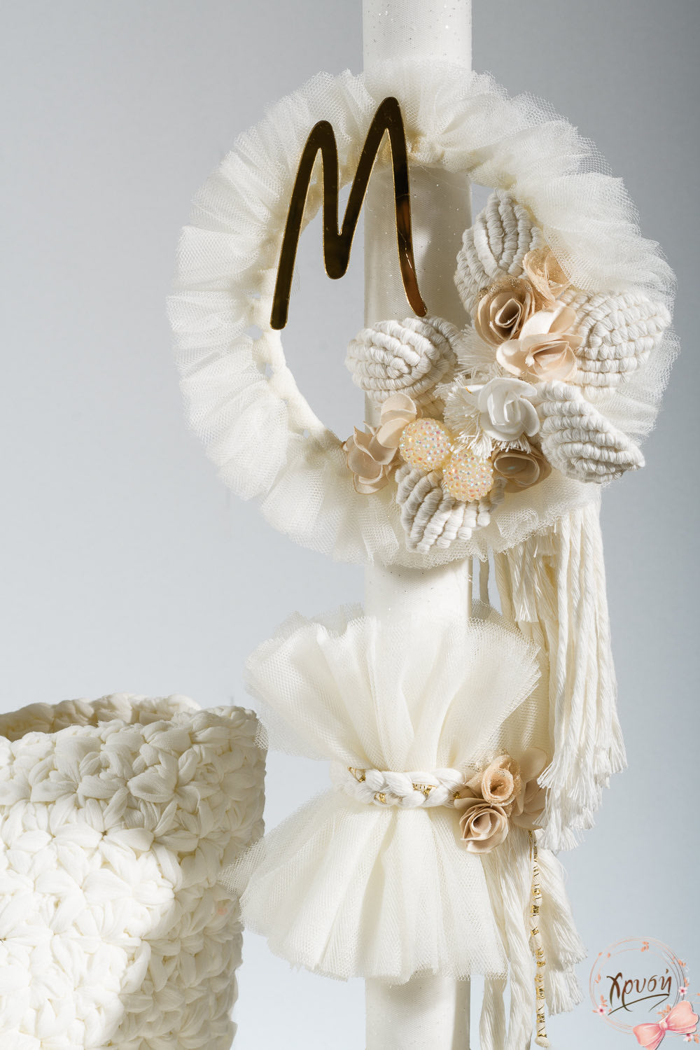 MACRAME HOOP WITH FLORAL ACCENTS AND INTIAL