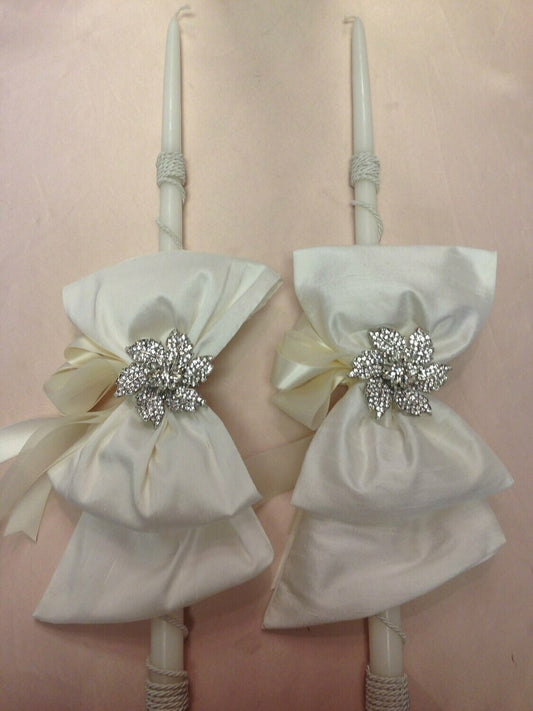 Silk bow and brooch wedding candles