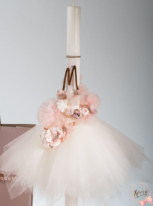 IVORY TULLE WITH BLUSH PINK FLORAL ACCENTS AND INITIAL