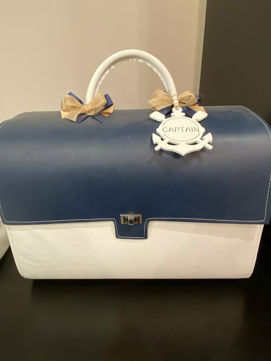 Navy and white bag