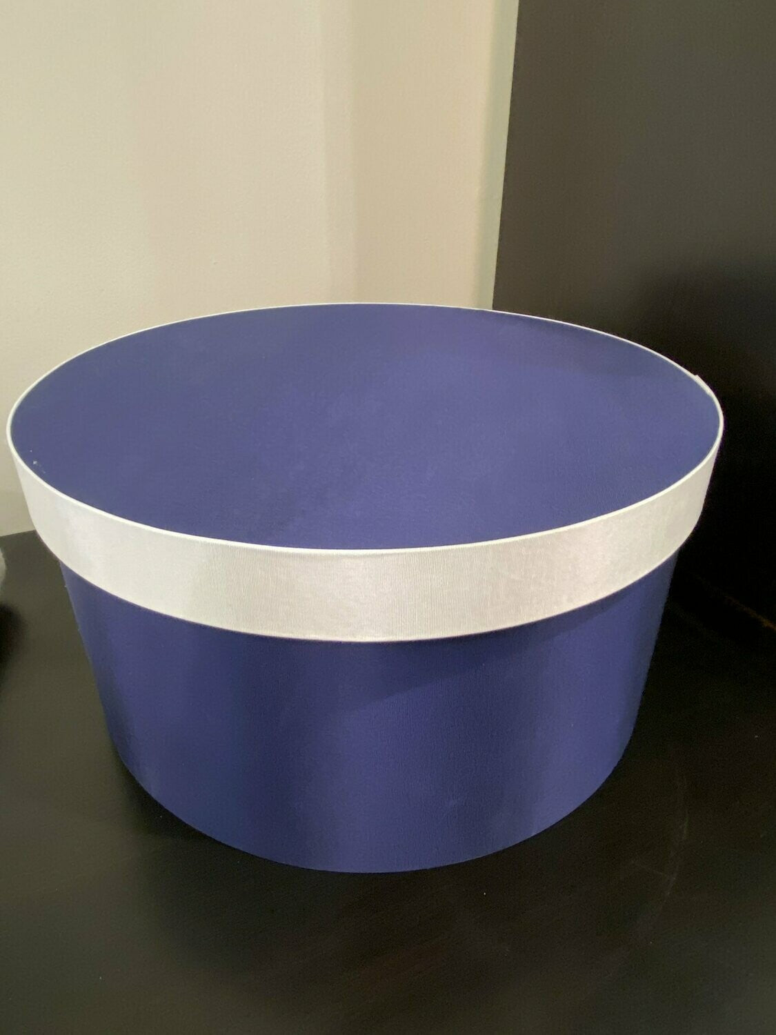 Navy and white hat box